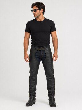 VTG California Creations Men Medium Black Leather Chaps Motorcycle USA EUC